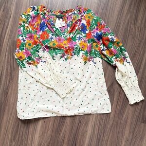 Talbots Ivory Floral Yoke V-Neck Blouse with Multicolor Print